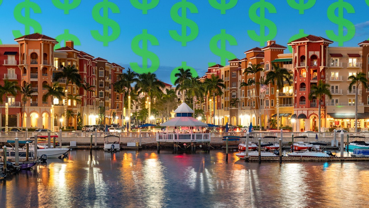 A collage photo of Naples with dollar signs in the sky