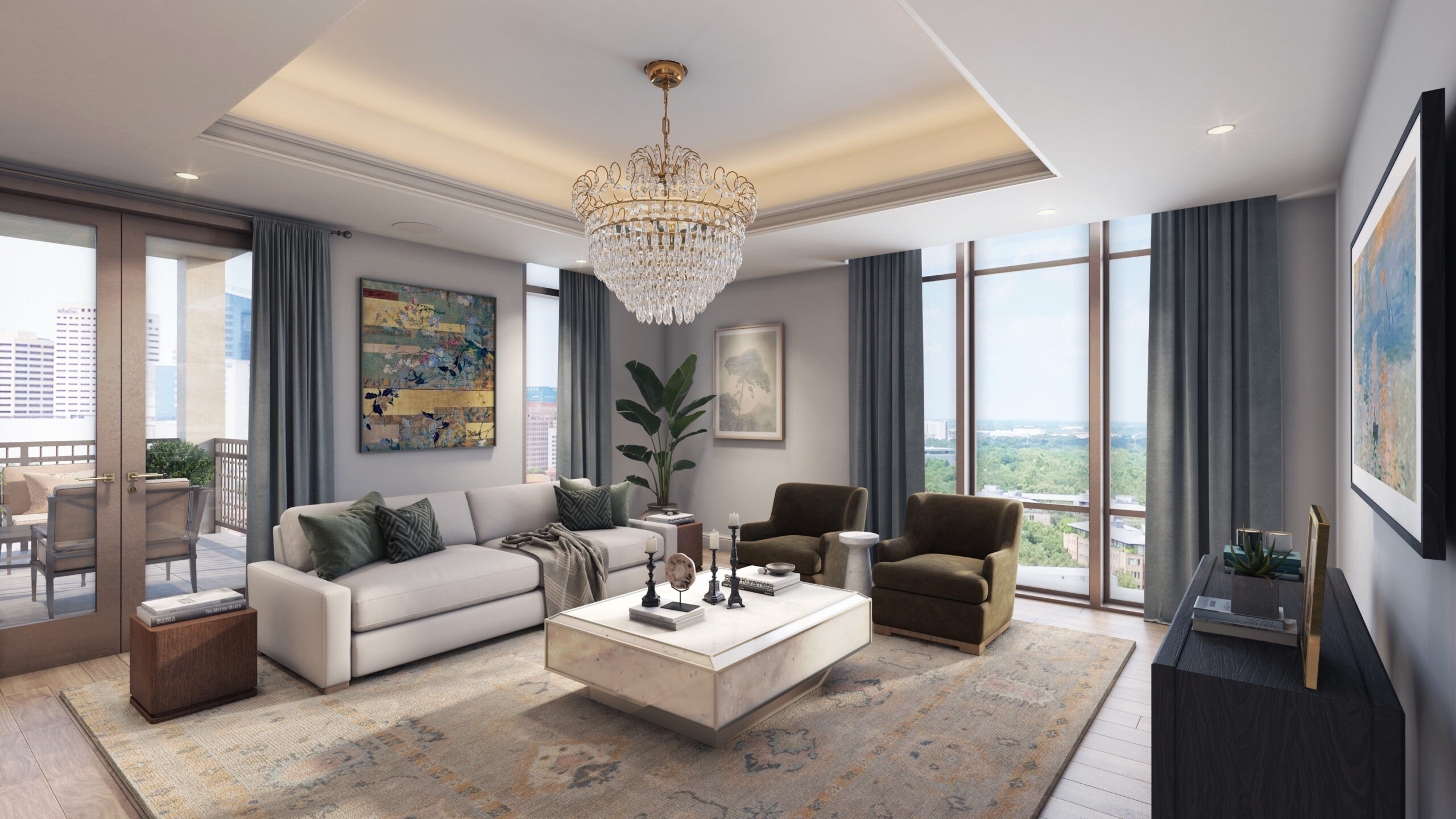 Houston Luxury High Rise The Langley Houston Texas Living Space with Chandelier