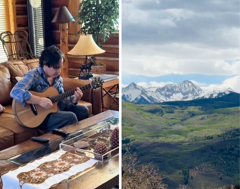 John Oates is pictured playing the guitar inside his longtime Colorado log home alongside a photo he took while enjoying a bike ride through the mountains