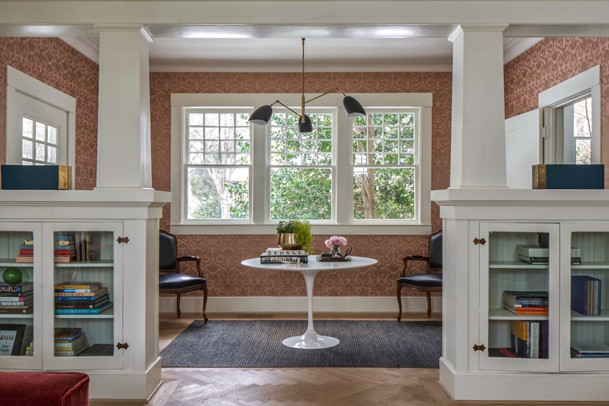 A dining area between two book nooks