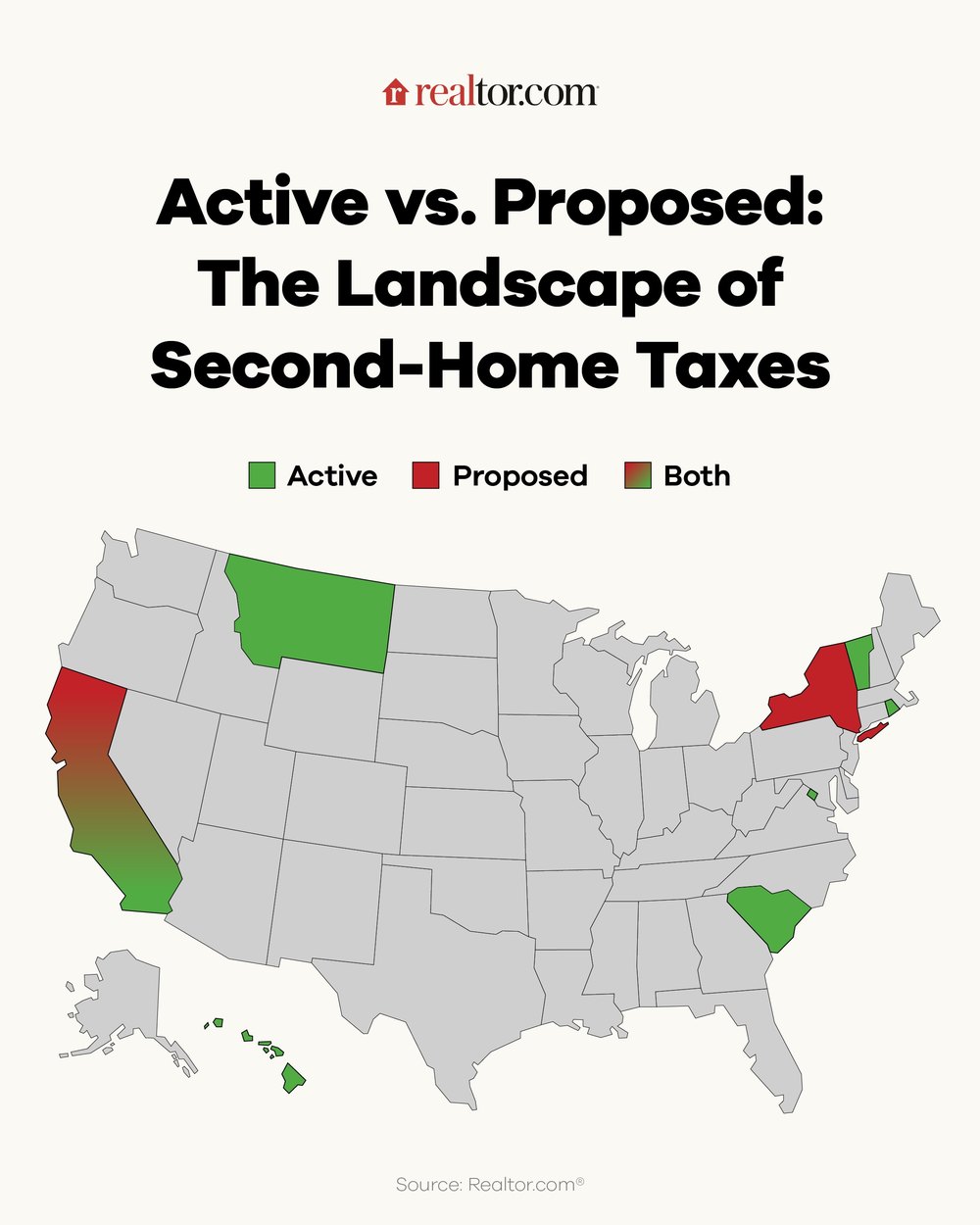 Map showing the states where there are active or proposed taxes on second homes