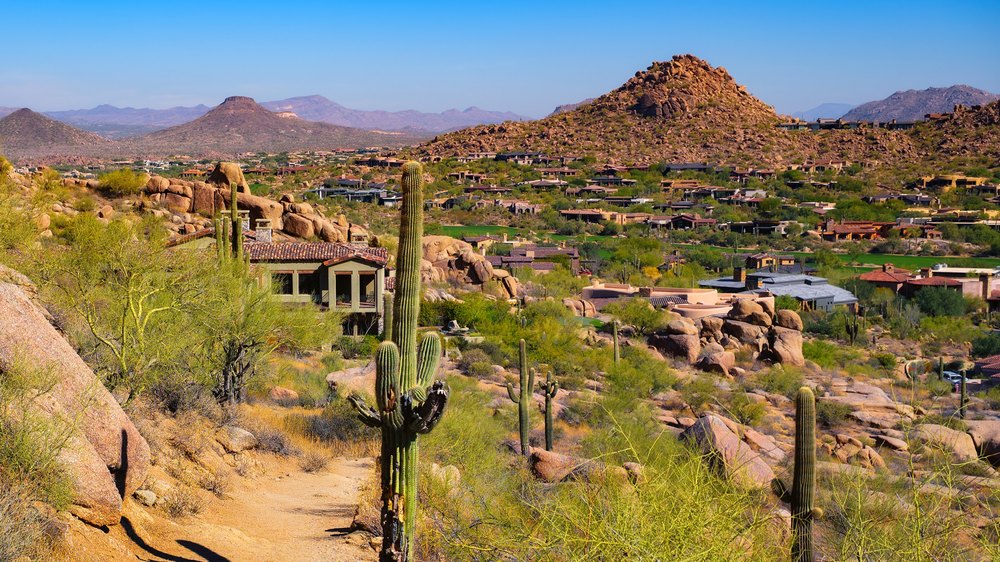 Scottsdale and desert terrain viewed from Pinnacle Peak Trail. Pinnacle Peak Park is a 150-acre desert park near Phoenix, Arizona, known for its prominent granite summit and scenic hiking trails.
