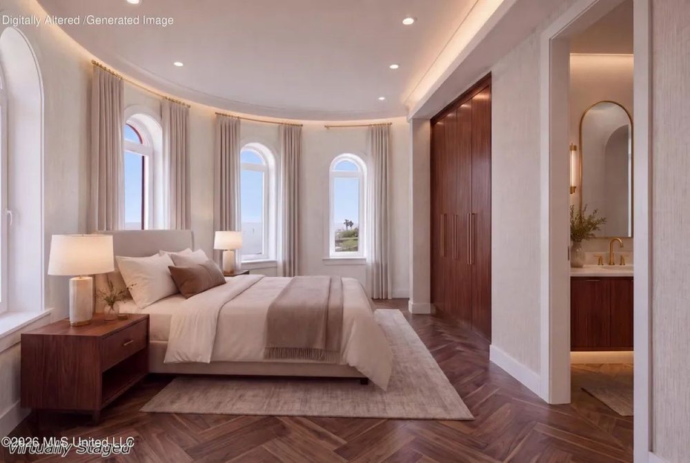 AI image of potential for finished bedroom suite of Taj Mahal-inspired estate in Ocean Springs, MS, on sale for $2,500,000