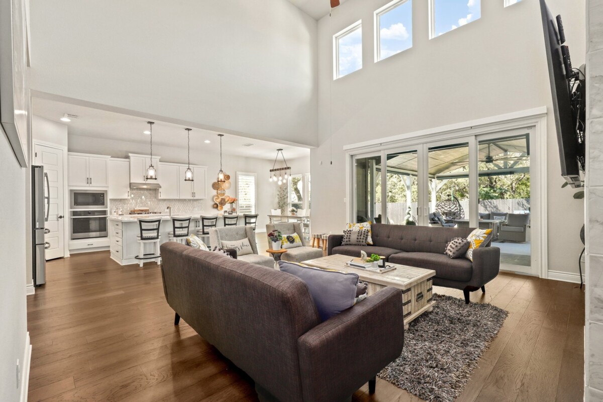 large modern living room with high ceilings
