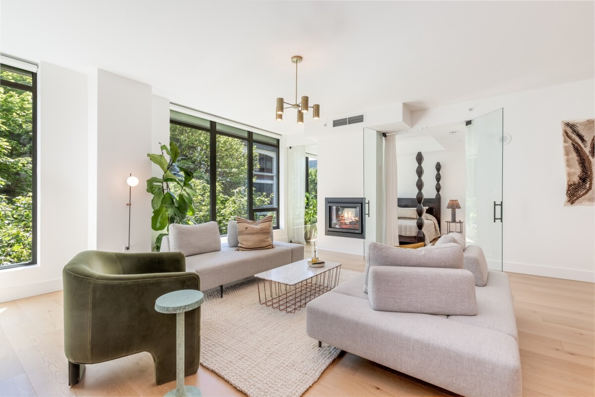 updated minimal living room with light fixtures