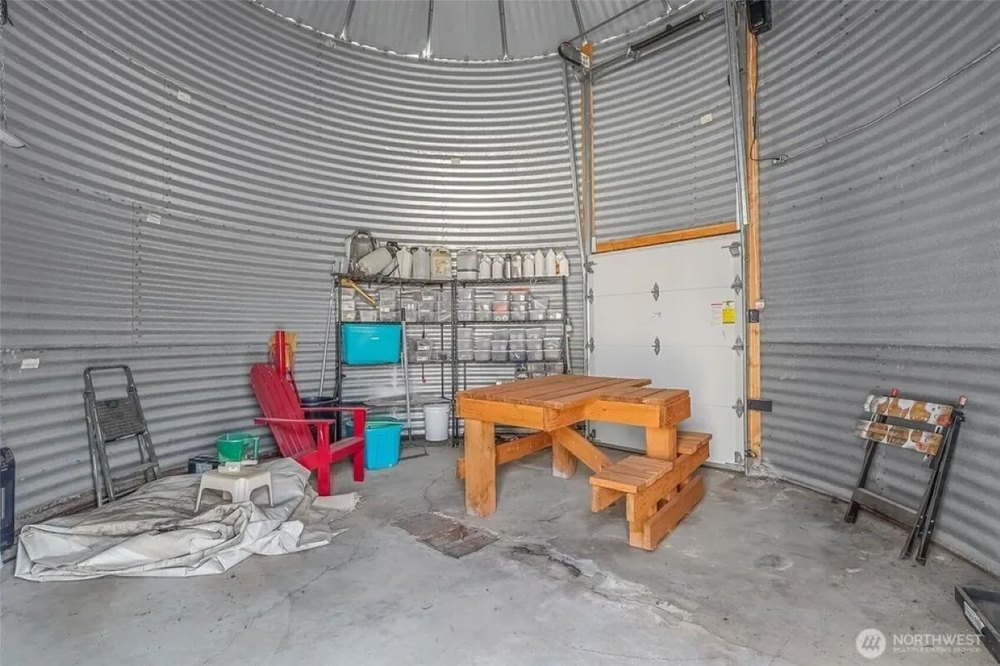 Silo with garage door on the 386.1-acre property in Odessa, WA, on sale for $895,000