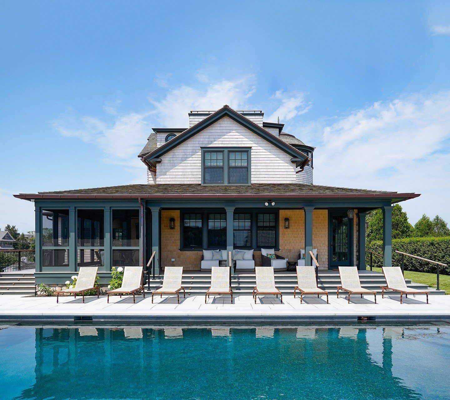 Lounge chairs by the pool at Ocean House Resort, Watch Hill, Rhode Island where Taylor Swift and Travis Kelce are getting married