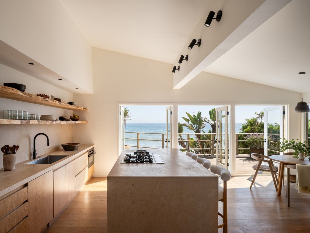Kitchen of beachfront retreat in Malibu, CA, on sale for $16,995,000