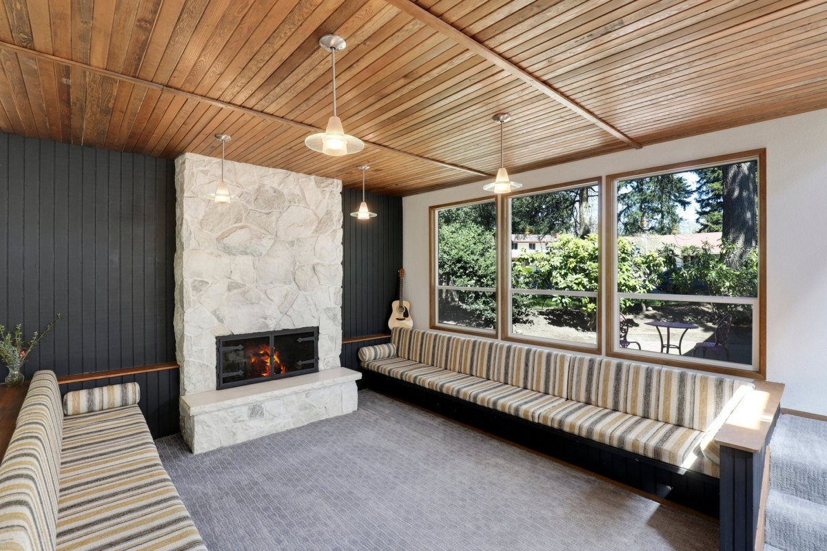 retro sunken living rooms with built in couch 