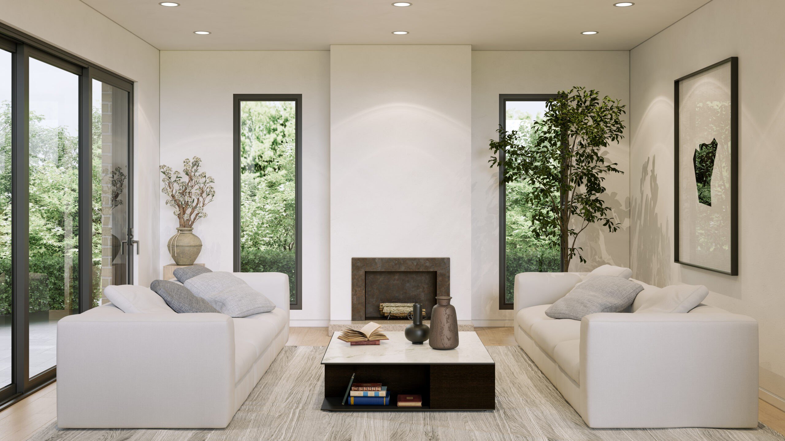 Large luxury modern bright interiors Living room mockup illustration 3D rendering image