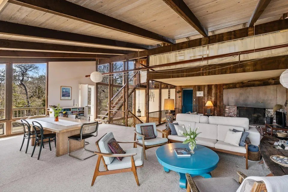 Living area of midcentury home in Wellfleet, MA, on sale for $3,350,000