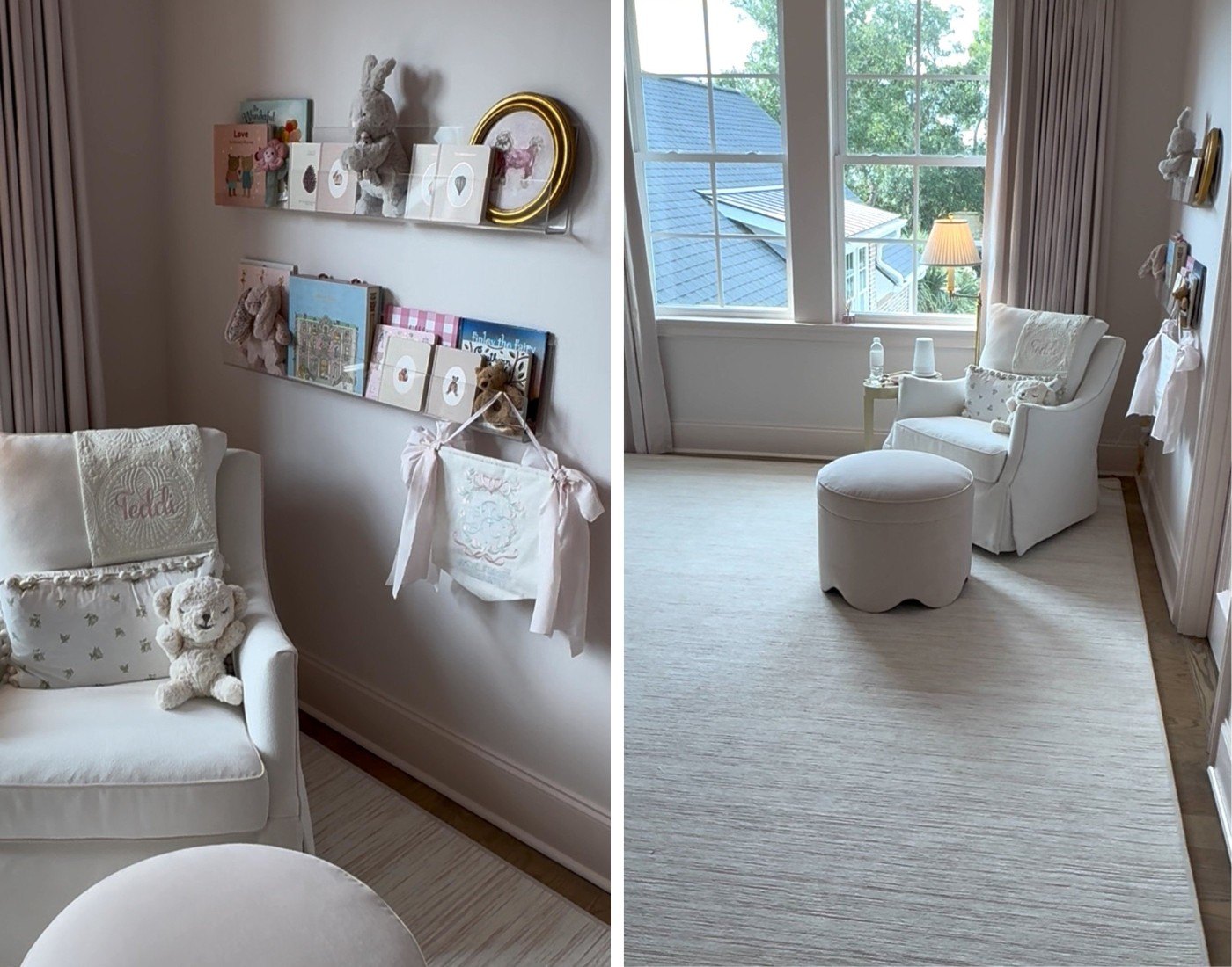 Nursery design details include custom drapery and custom bedding.