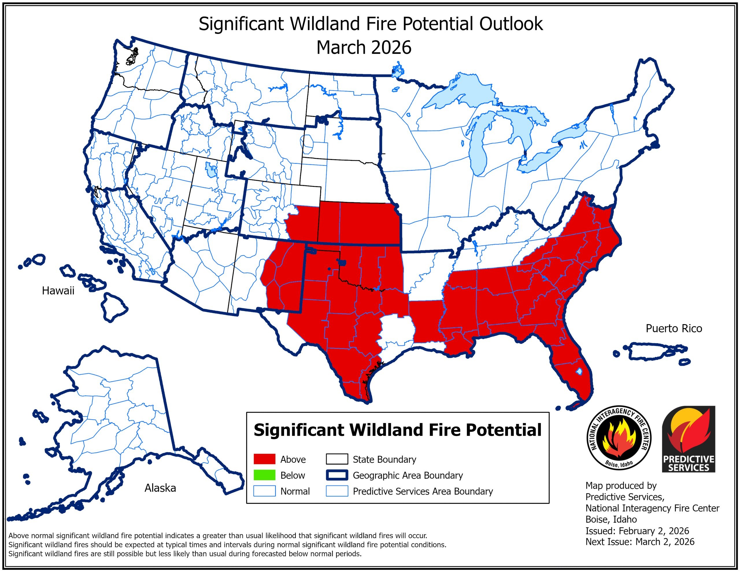 Map showing fire risk in southern states during march 2026