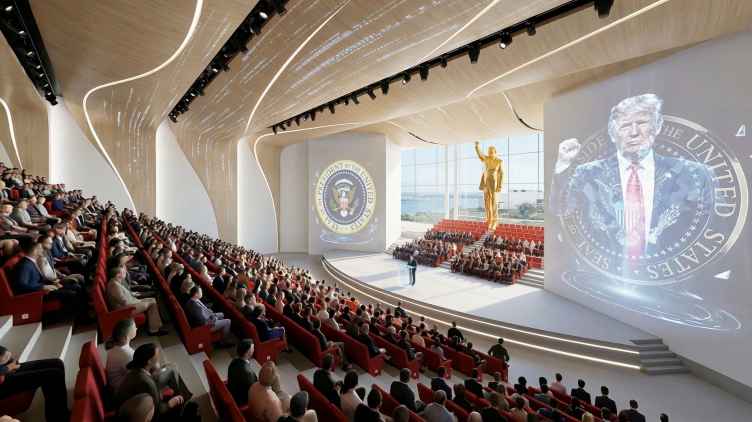 A rendering from a video previewing plans for the Trump Library showing a theatre