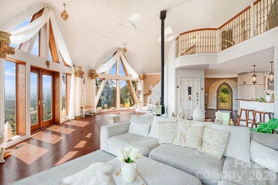 Lofted living room in dome home in Weaverville, NC, on sale for $3,495,000