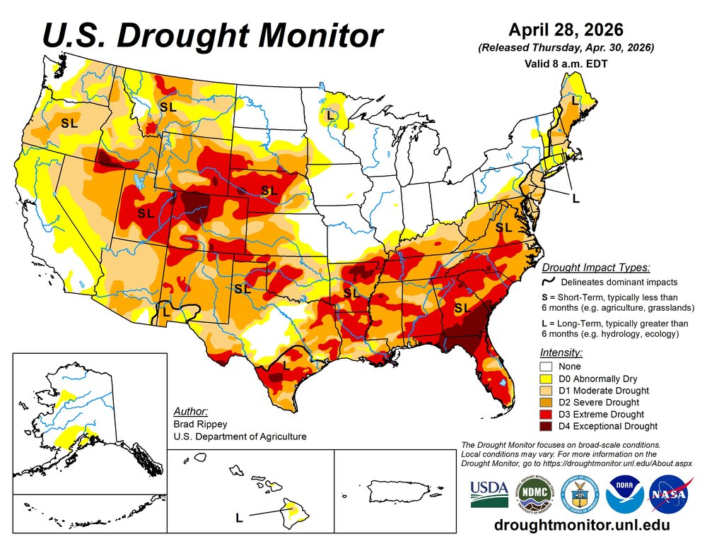 Drought map of United States in spring of 2026