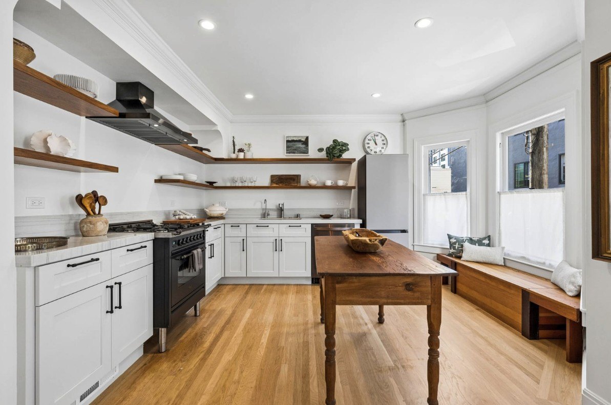 Letterpress kitchen with open shelving