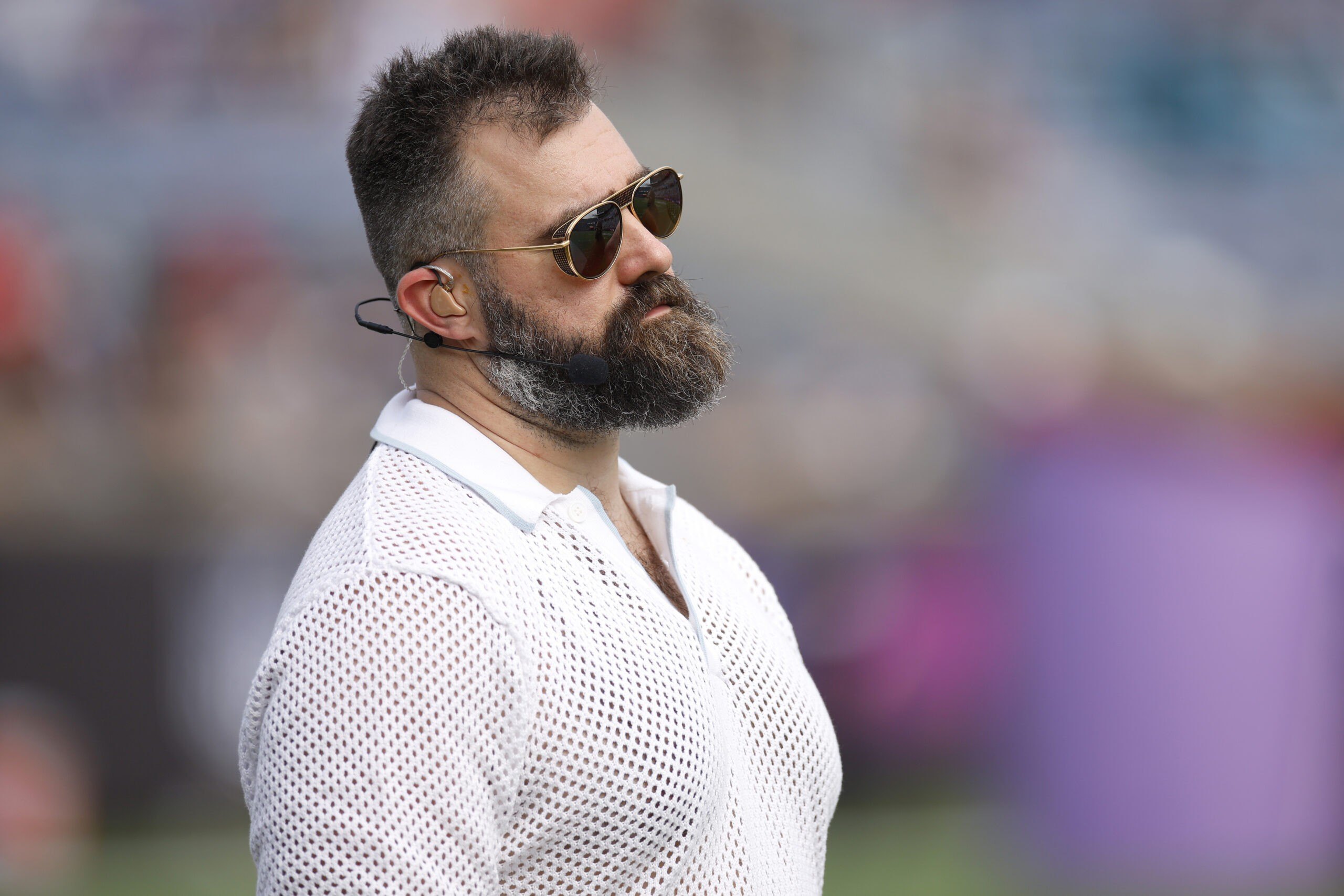 ORLANDO, FLORIDA - FEBRUARY 02: Former NFL player Jason Kelce looks on prior to the NFL Pro Bowl Games at Camping World Stadium on February 02, 2025 in Orlando, Florida. (Photo by Mike Ehrmann/Getty Images)