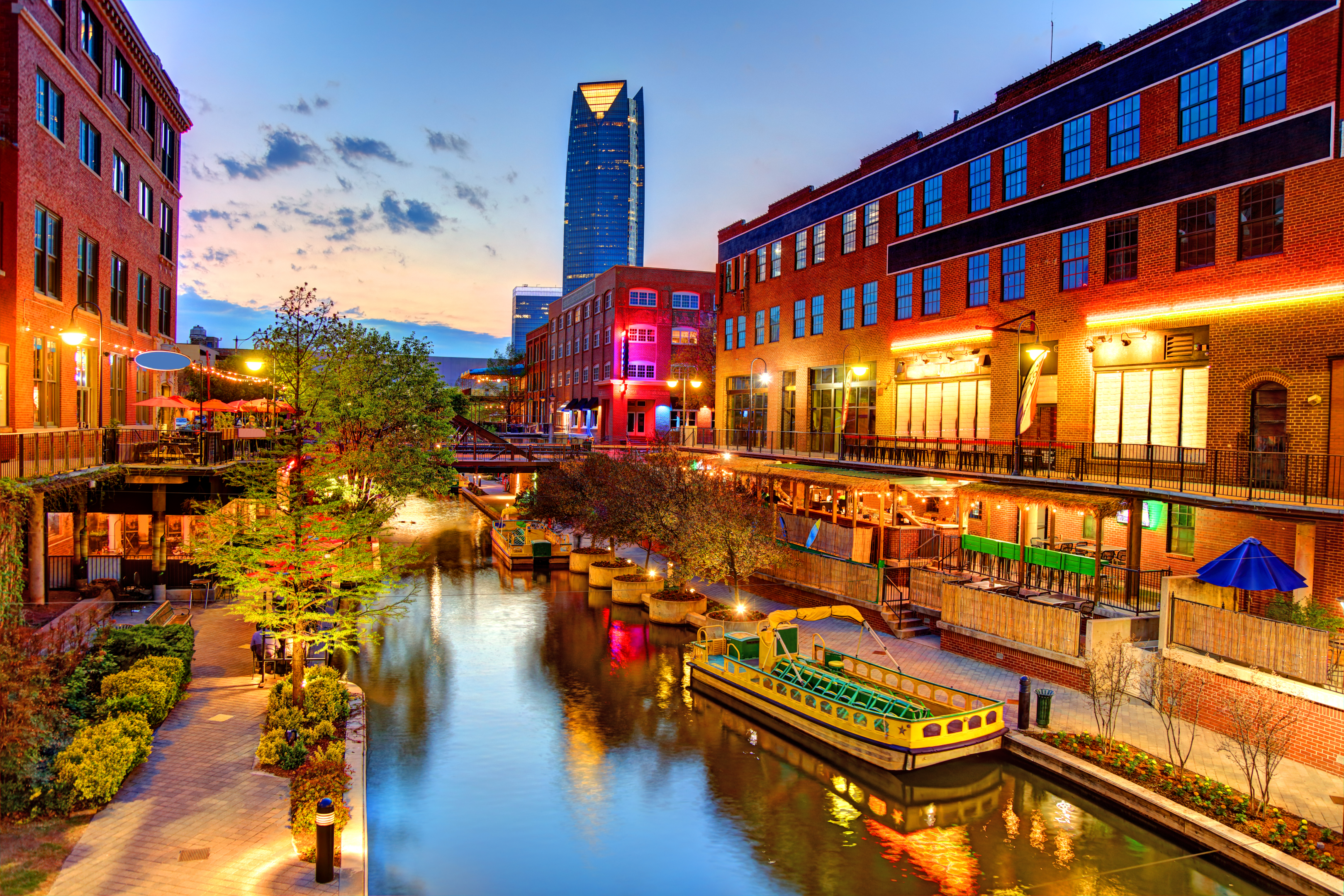 Evening view of the Bricktown Canal in downtown Oklahoma City. 