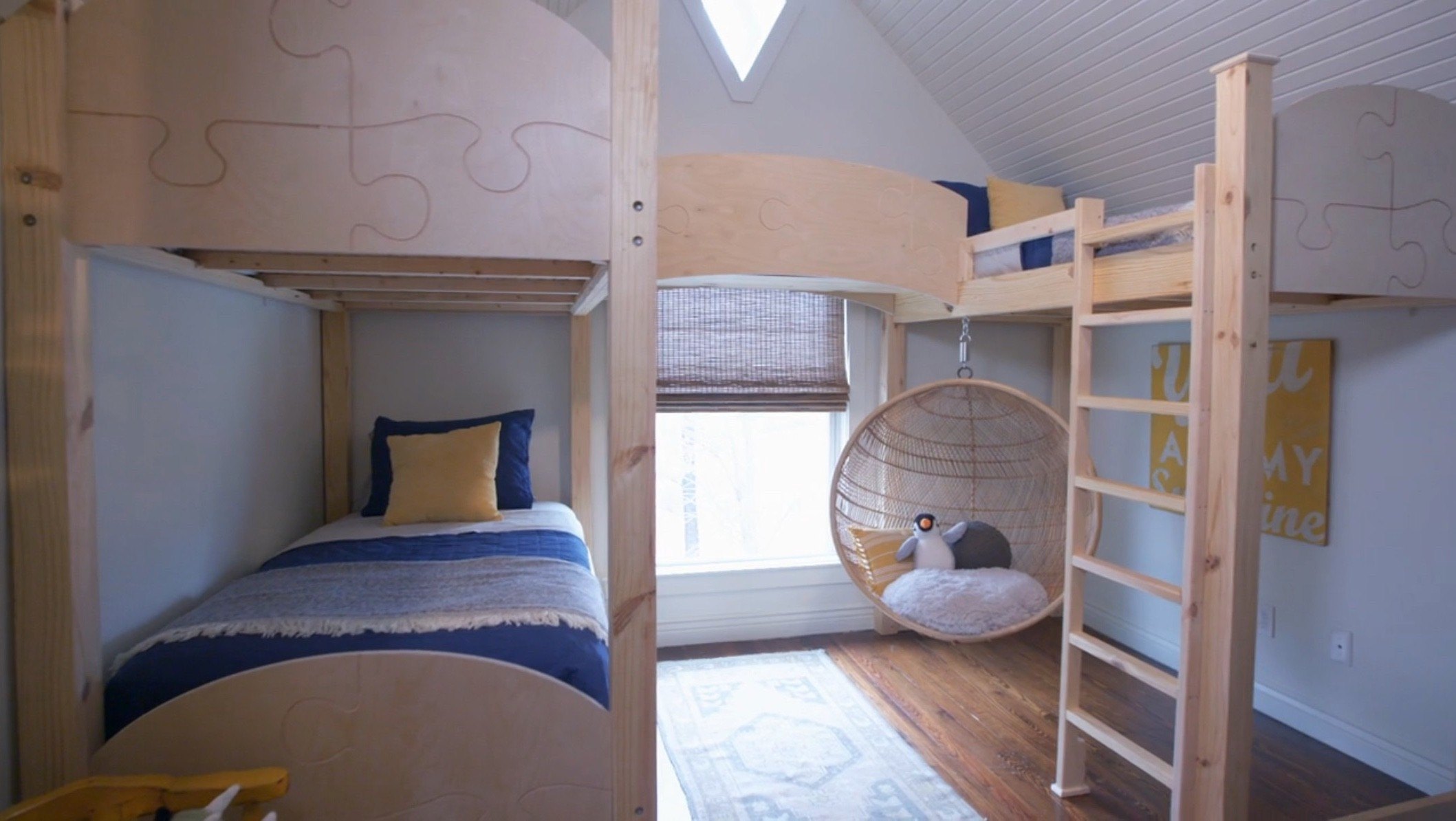 Even though Dave and Jenny's youngest son Luke has a room with three bunk beds, he prefers to sleep on the couch inside the home office.