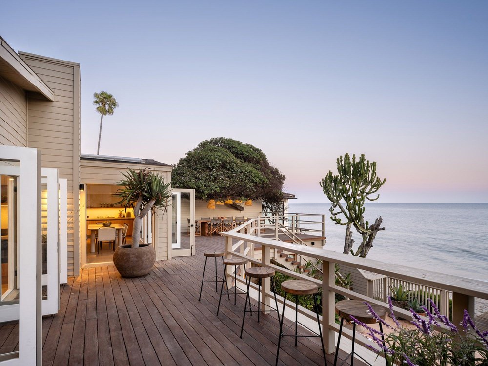 Deck of beachfront retreat in Malibu, CA, on sale for $16,995,000