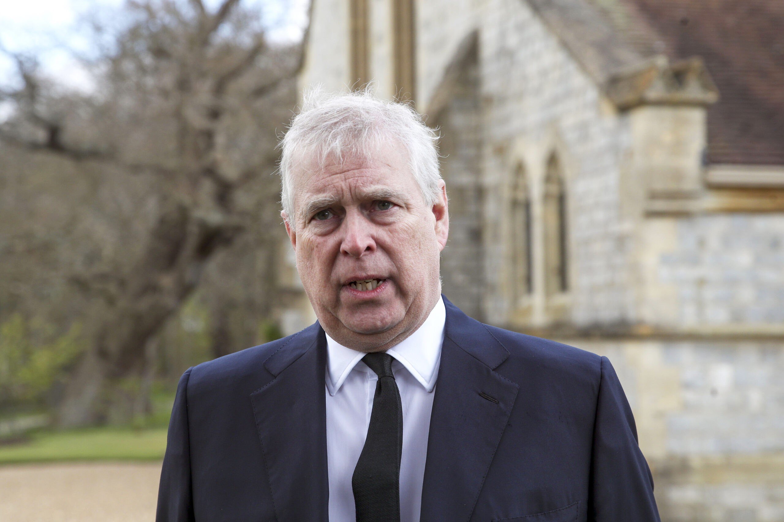 Prince Andrew, Duke of York, attends the Sunday Service at the Royal Chapel of All Saints, Windsor, following the announcement on Friday April 9th of the death of Prince Philip