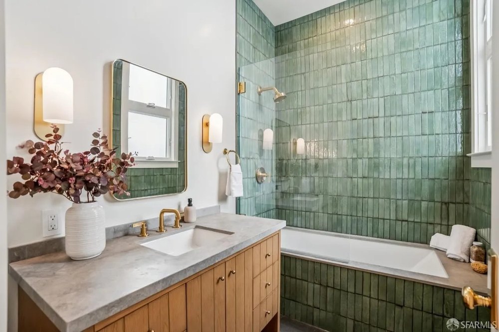 Modern Bathroom with Green Subway Tile