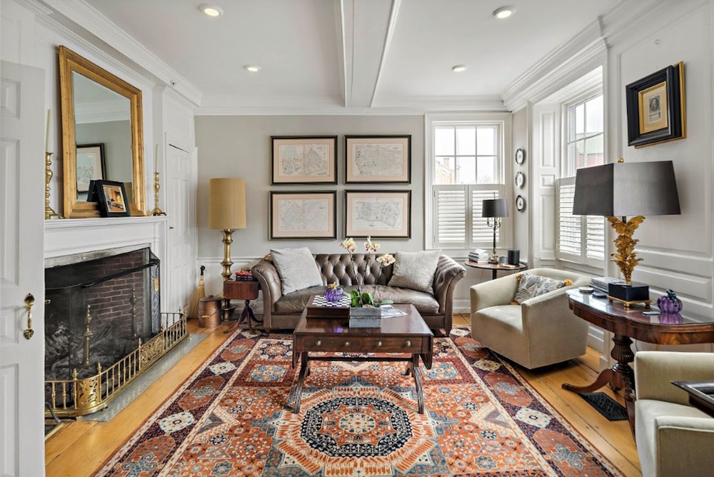 Parlor with fireplace in a historic home in Salem.