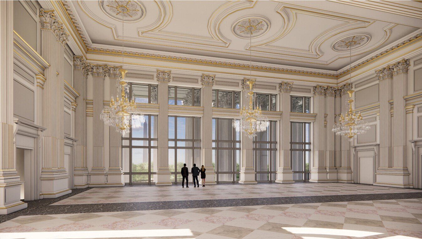 Updated Ballroom renderings from Donald Trump March 2026 Interior large windows gold accents