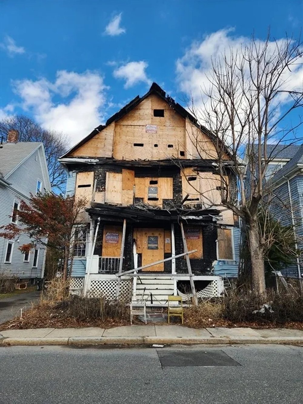 Exterior of a burned house in Dorcester Boston