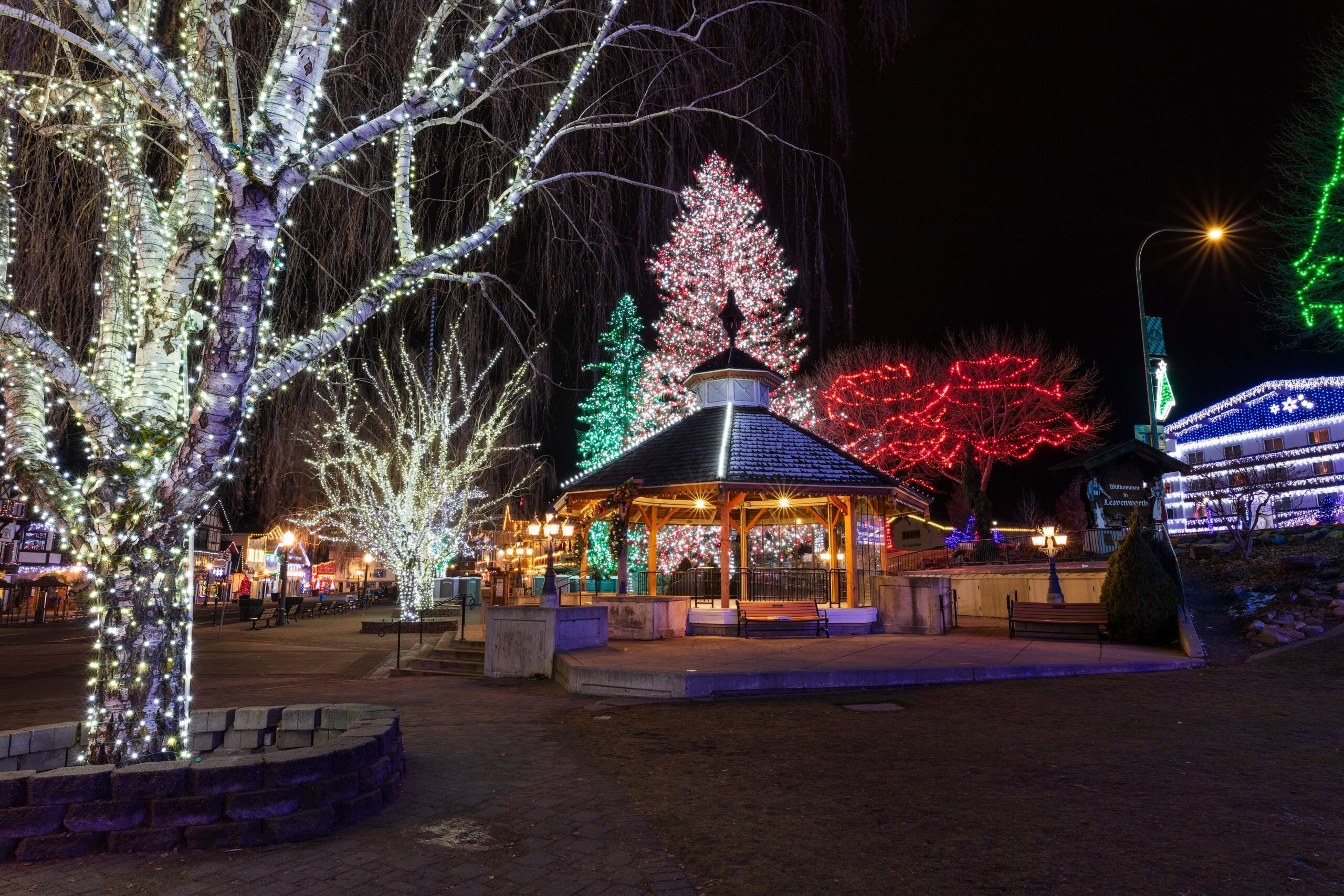 Christmas lights in the town square of Leavenworth, Washington, USA.