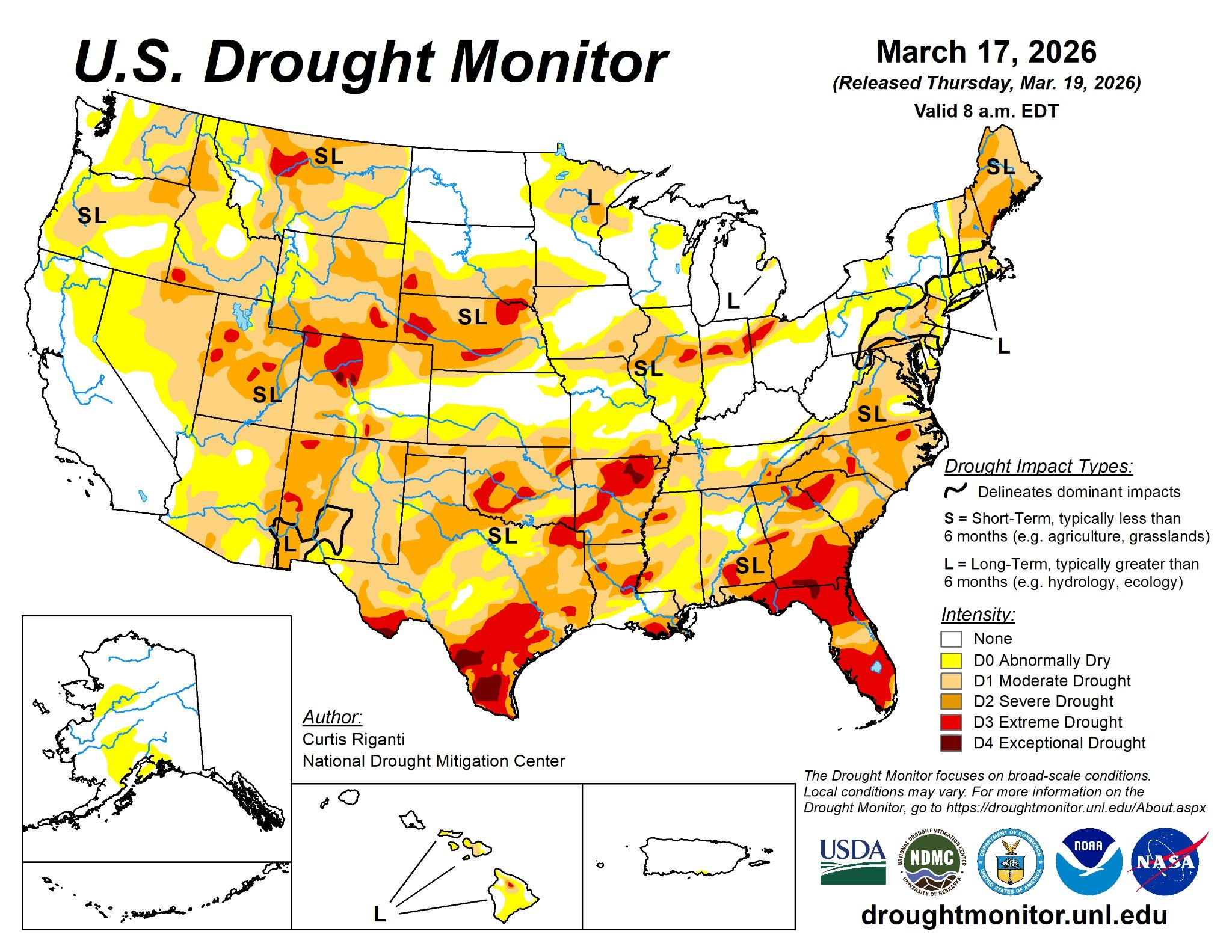 Map of US showing drought in more than half the country