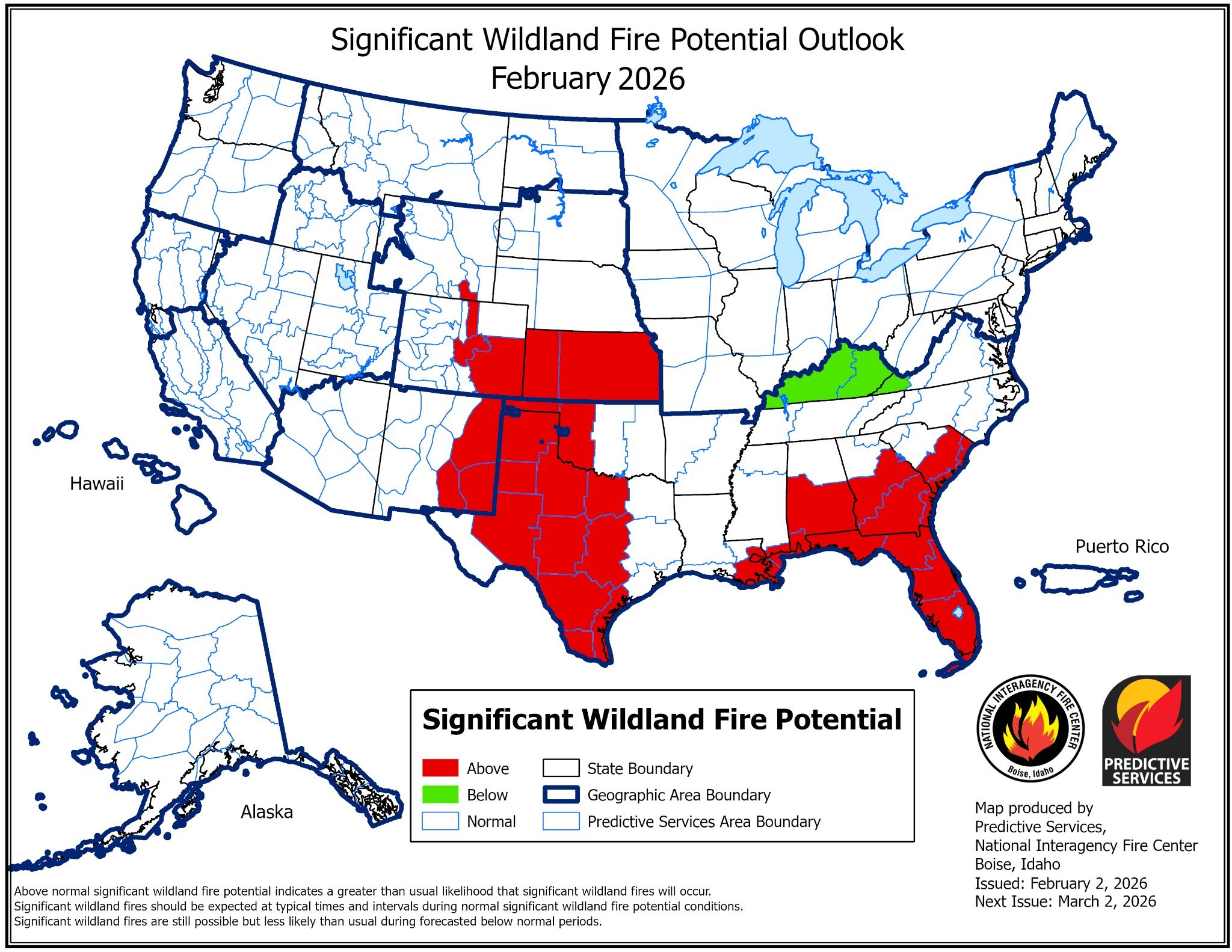 Map of continental US showing heightened fire risk in southern US