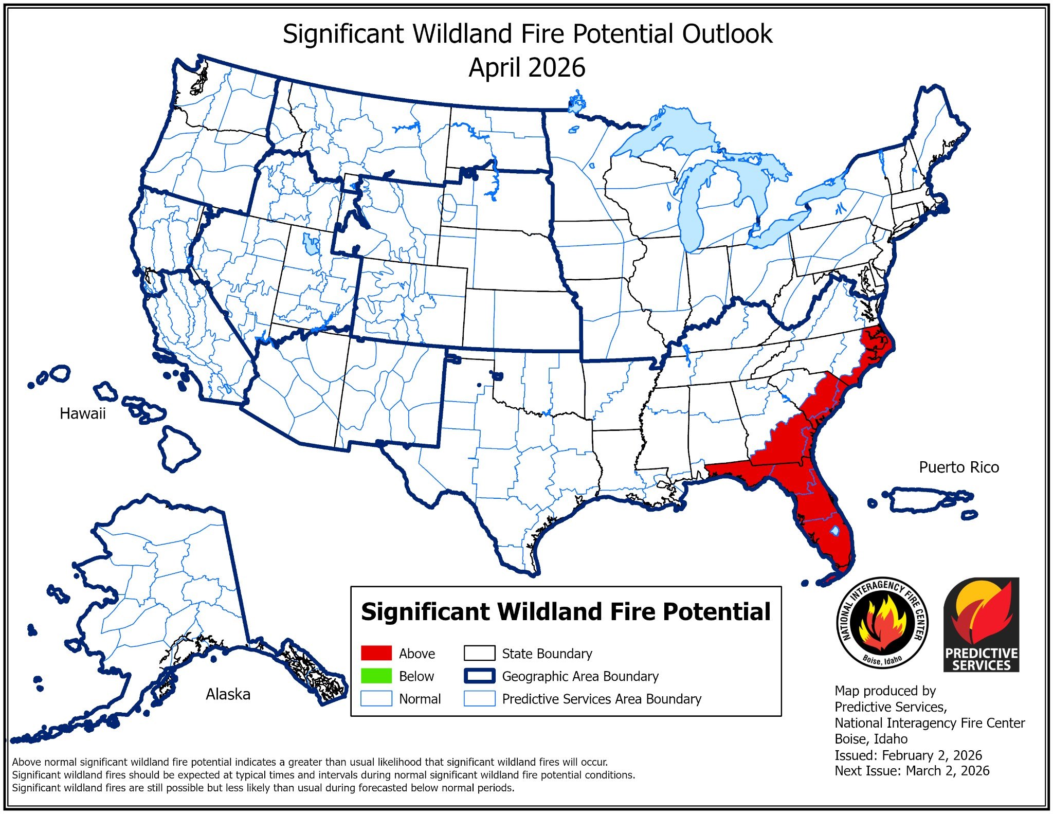 Map of continental US showing fire risk in southern states