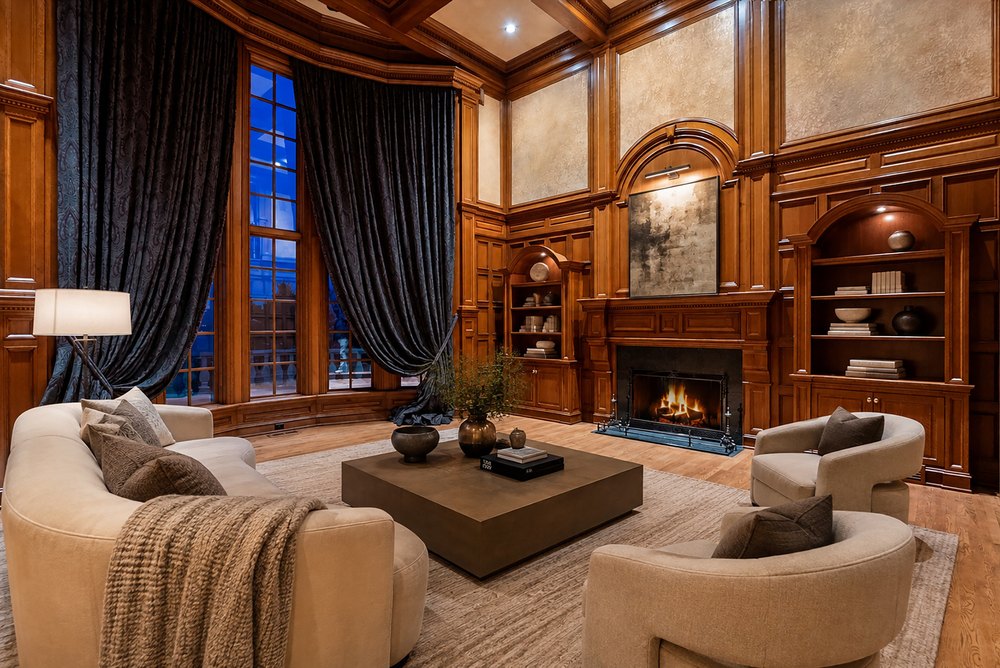 Staged Two-Story Great Room with Custom Wood Millwork, Fireplace, and Curved Sofa