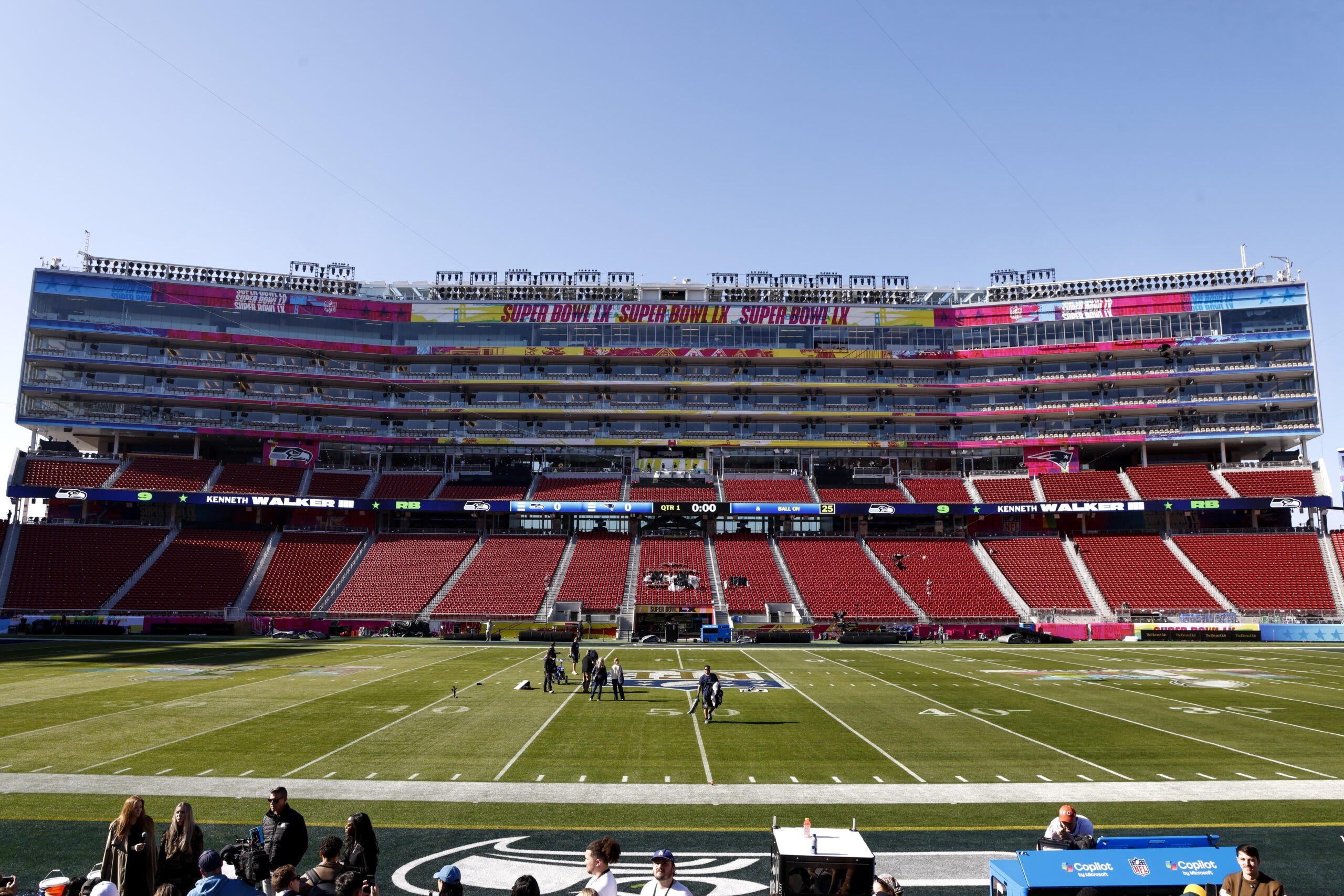 general view from the 50 yard line inside of Levi's Stadium prior to the Seattle Seahawks playing against the New England Patriots in Super Bowl LX