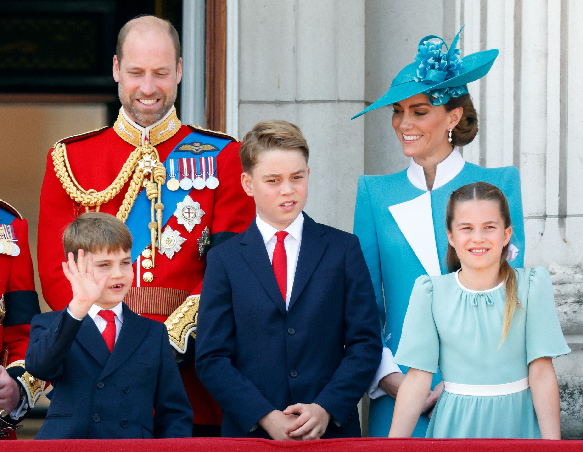 LONDON, UNITED KINGDOM - JUNE 14: (EMBARGOED FOR PUBLICATION IN UK NEWSPAPERS UNTIL 24 HOURS AFTER CREATE DATE AND TIME) Prince William, Prince of Wales (Colonel of the Welsh Guards), Prince Louis of Wales, Prince George of Wales, Catherine, Princess of Wales and Princess Charlotte of Wales watch an RAF flypast from the balcony of Buckingham Palace after attending Trooping The Colour 2025 on June 14, 2025 in London, England. Trooping the Colour, also known as The King's Birthday Parade, is a military ceremony to mark the official birthday of the British Sovereign. The ceremony, which takes place at Horse Guards Parade followed by a flypast over Buckingham Palace, was first performed in the mid-17th century during the reign of King Charles II. The parade features all seven regiments of the Household Division with Number 7 Company Coldstream Guards being the regiment this year having their Colour Trooped. (Photo by Max Mumby/Indigo/Getty Images)