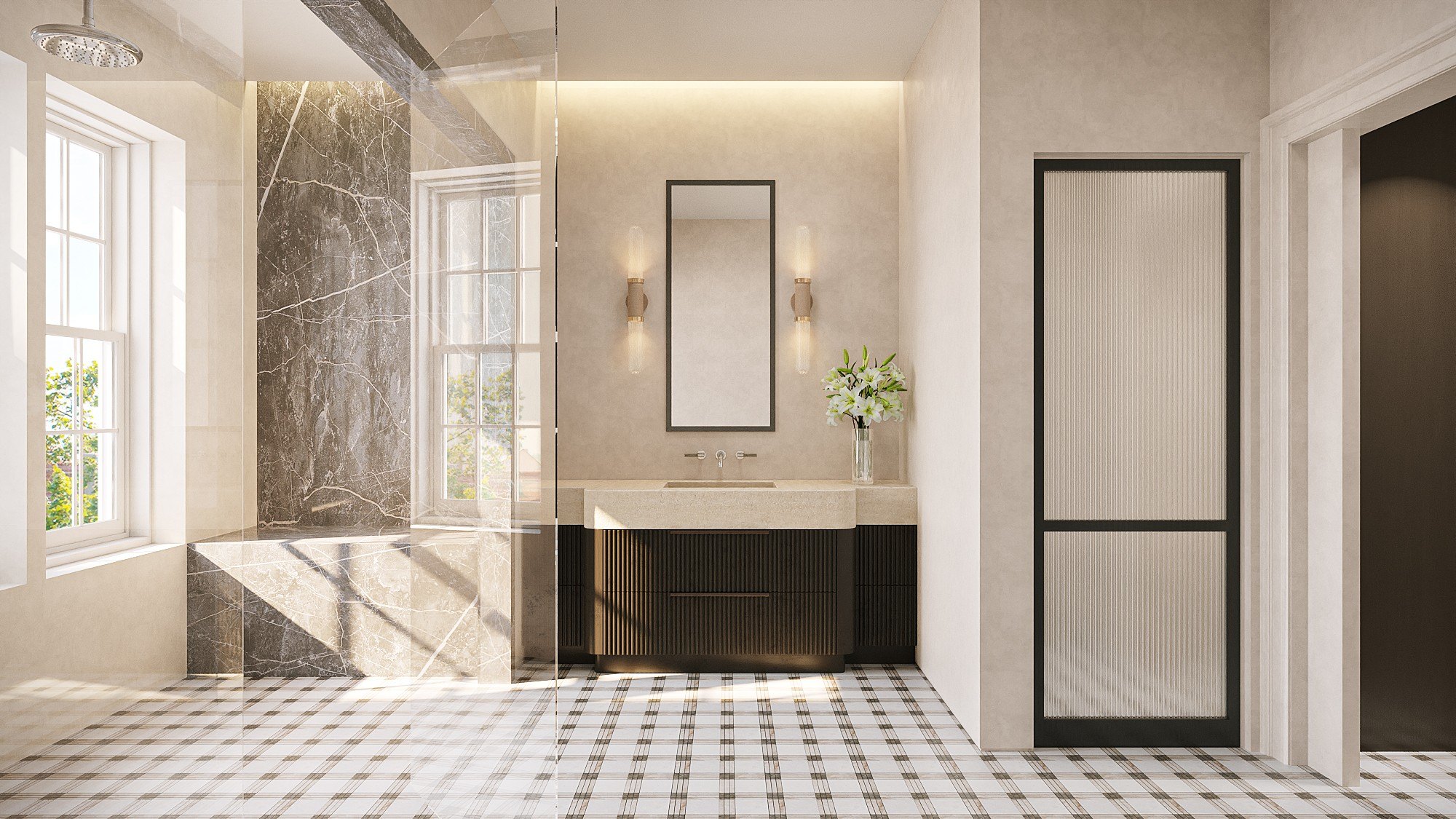 A bathroom with an overhead shower head in a luxury home in Beacon Hill Boston that sold for $22,000,000