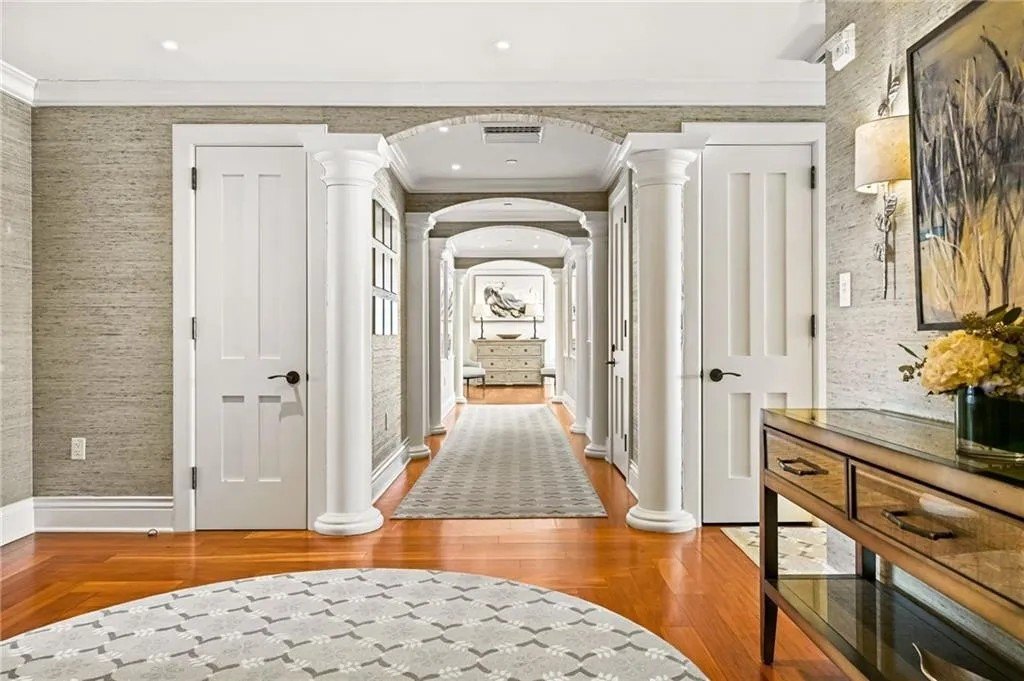 The entryway with columns in the Penthouse on top of the Ocean House in Rhode Island where Taylor Swift and Travis Kelce may be getting married