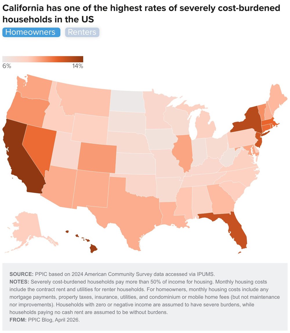 Map showing the most cost burdened states for homeowners