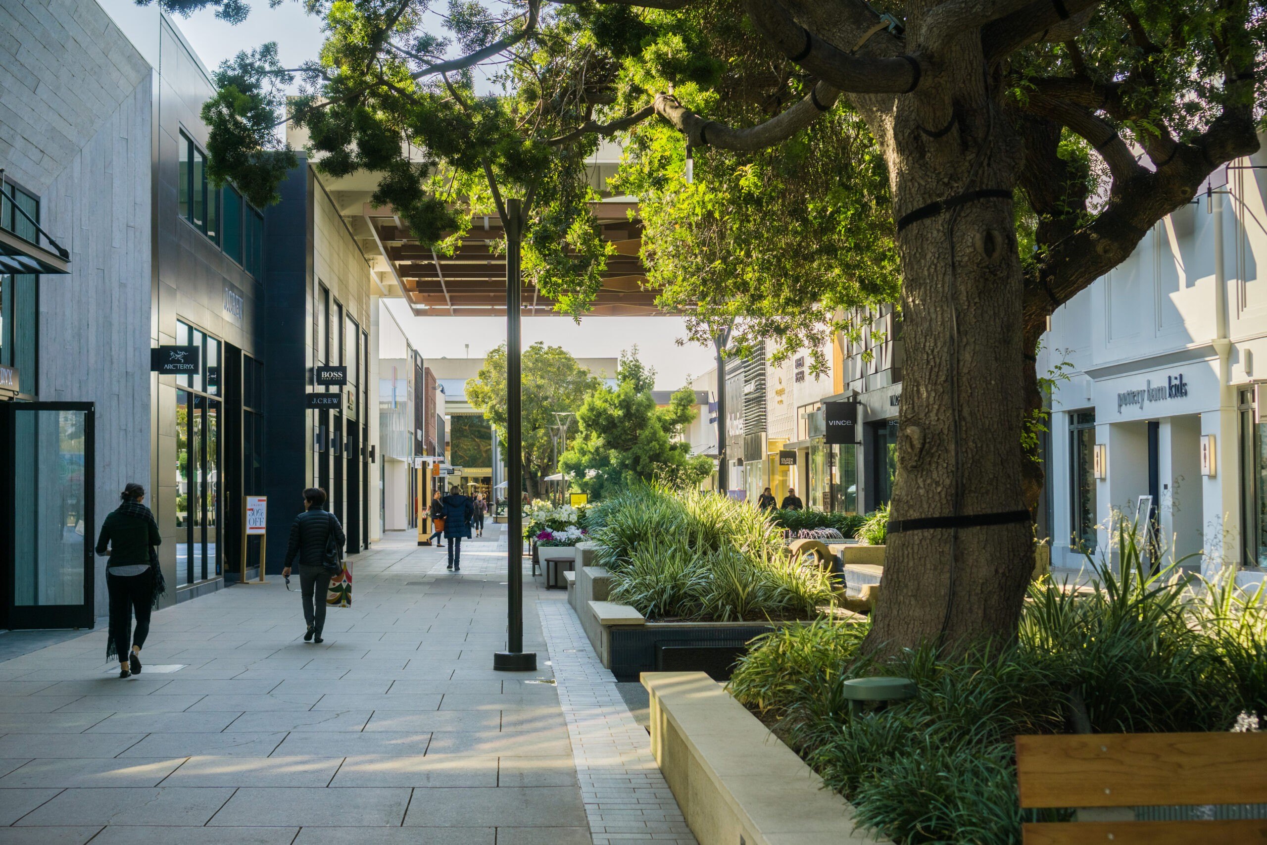 Walking through the open air Stanford shopping center, San Francisco bay area