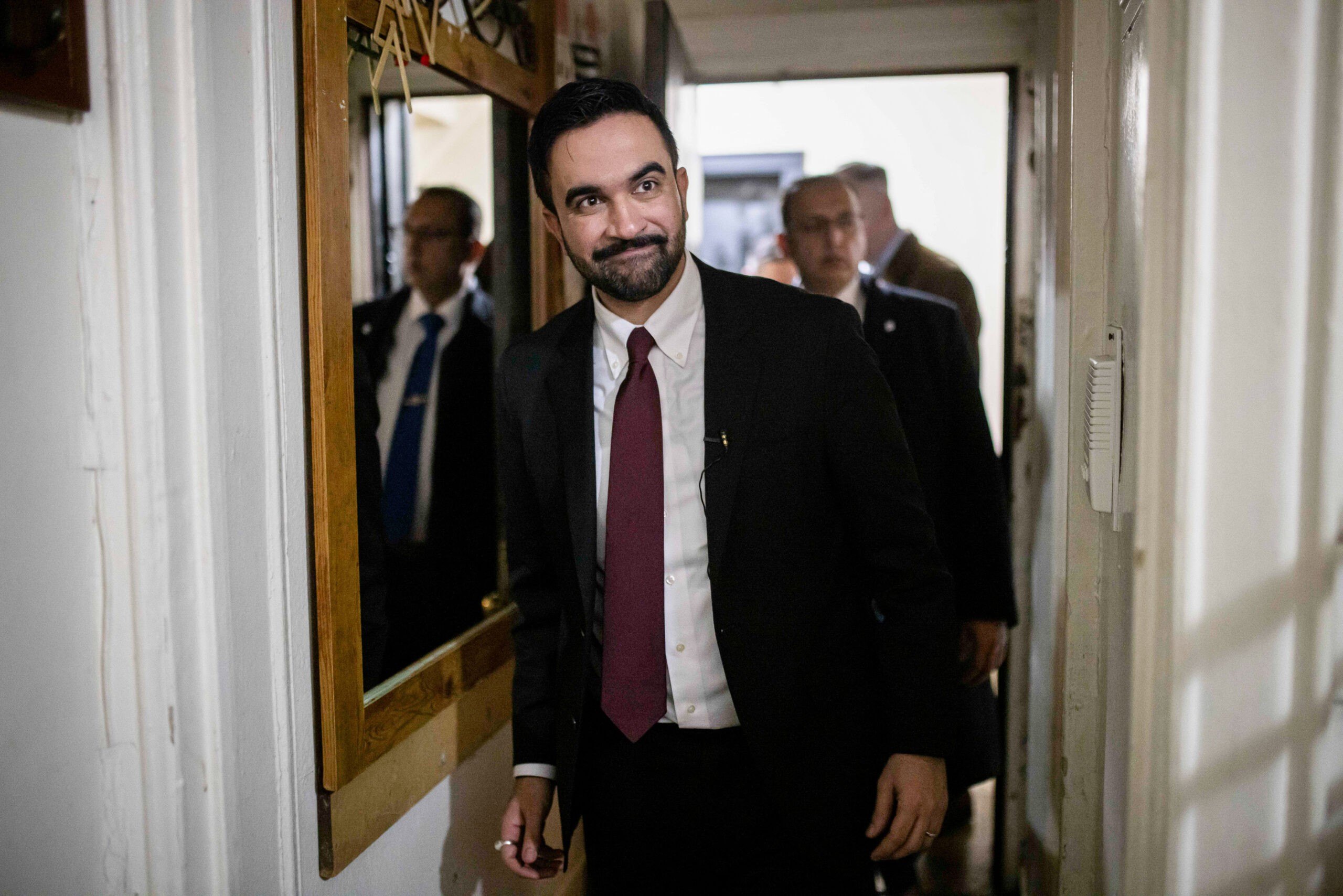 Zohran Mamdani, mayor of New York, visits an apartment building in Brooklyn New York