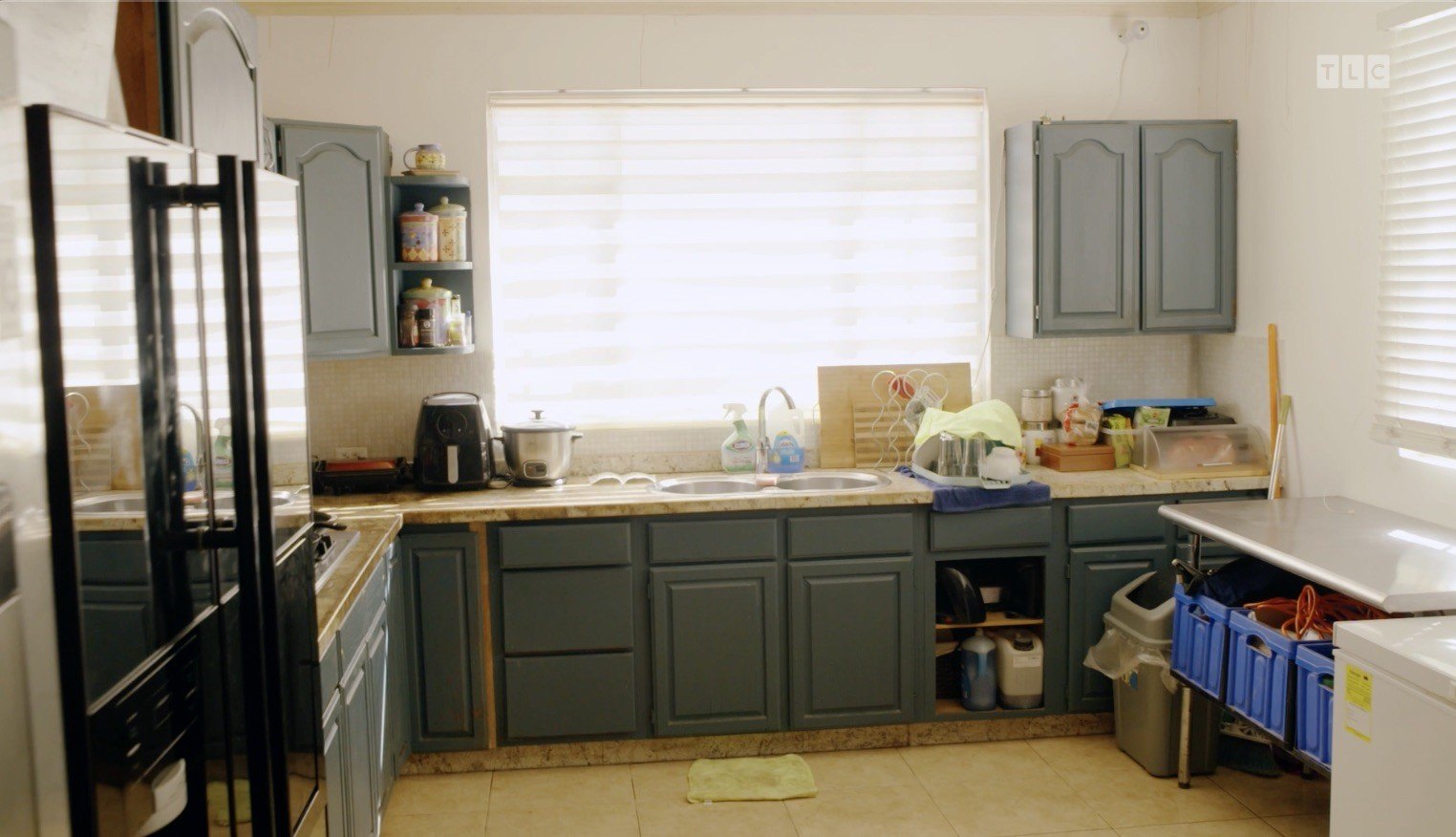 Fernandes' kitchen contains a suite of moody blue cabinets—with at least one that’s missing a door—and an array of mismatched appliances.