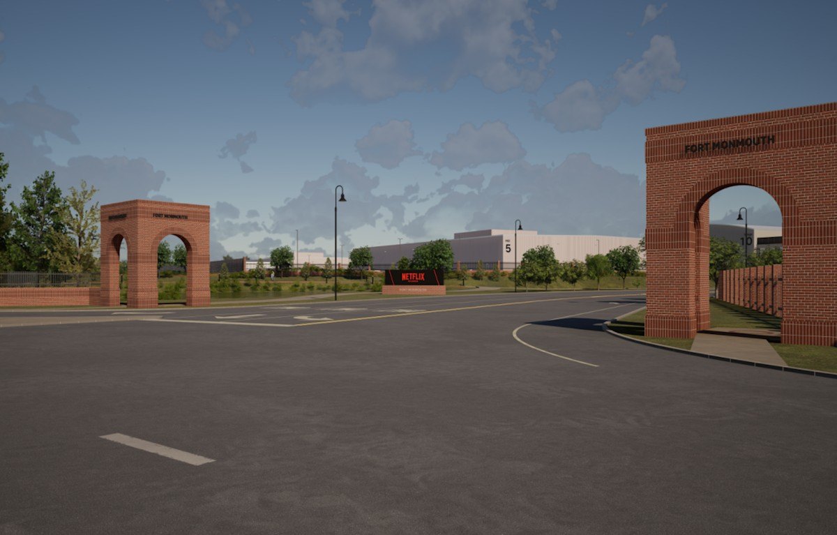 A visual representation of the entrance to Netflix Studios Fort Monmouth.