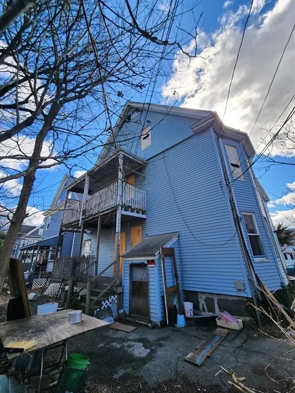 Exterior of a burned house in Dorcester Boston