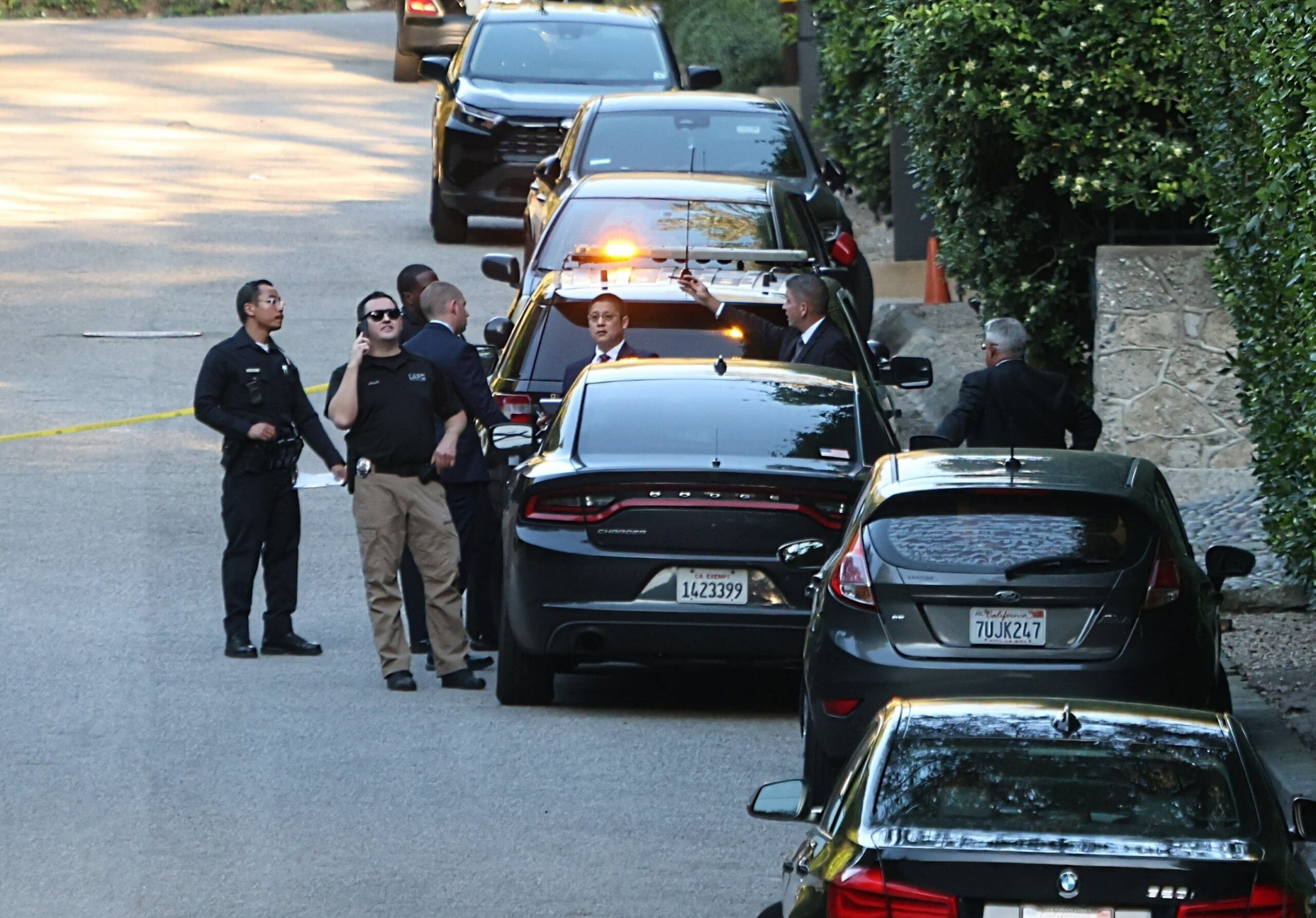 Exterior view of police outside Rihanna's Beverly Hills house after a report of gun shots fired on March 08