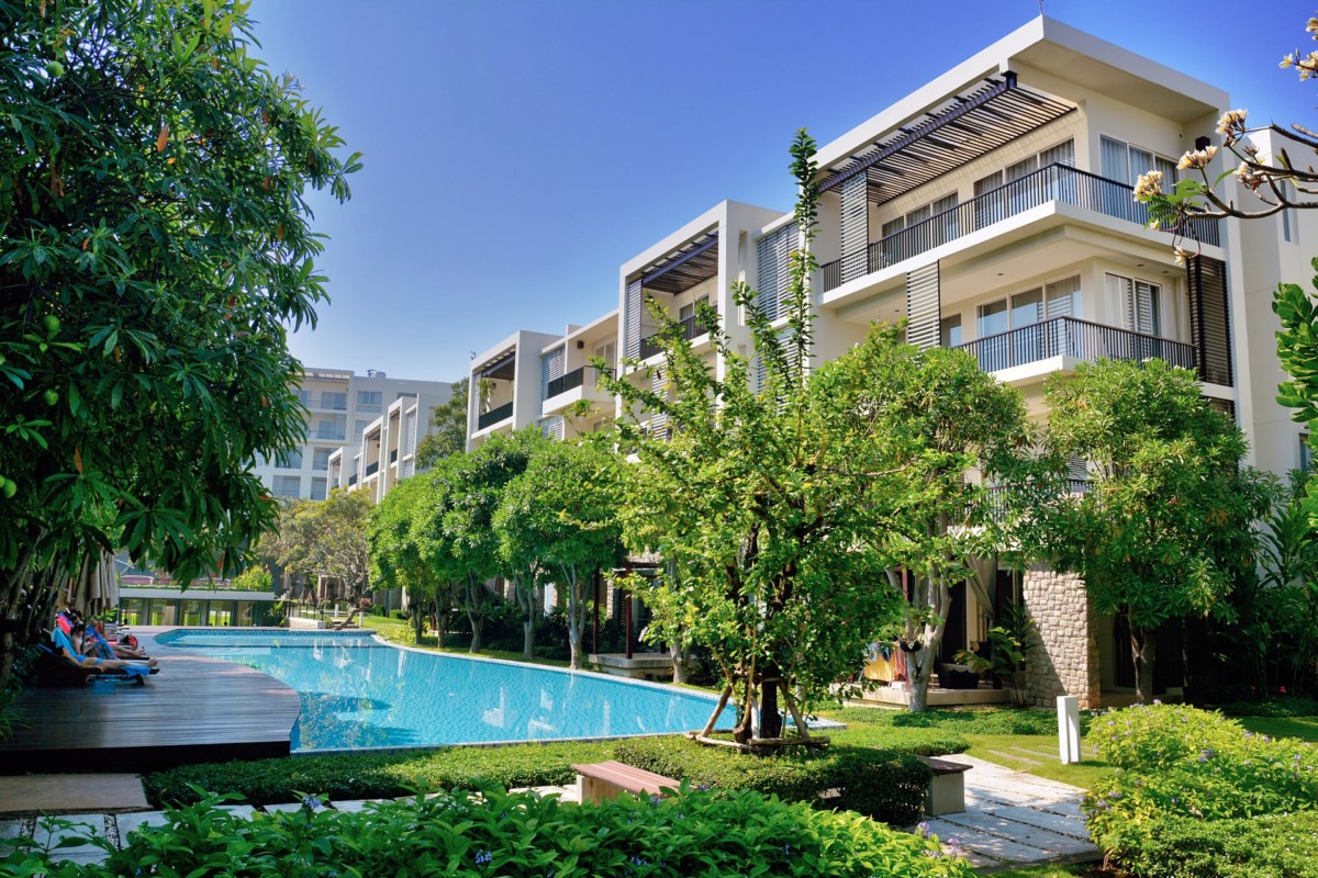 Apartment complex with a pool
