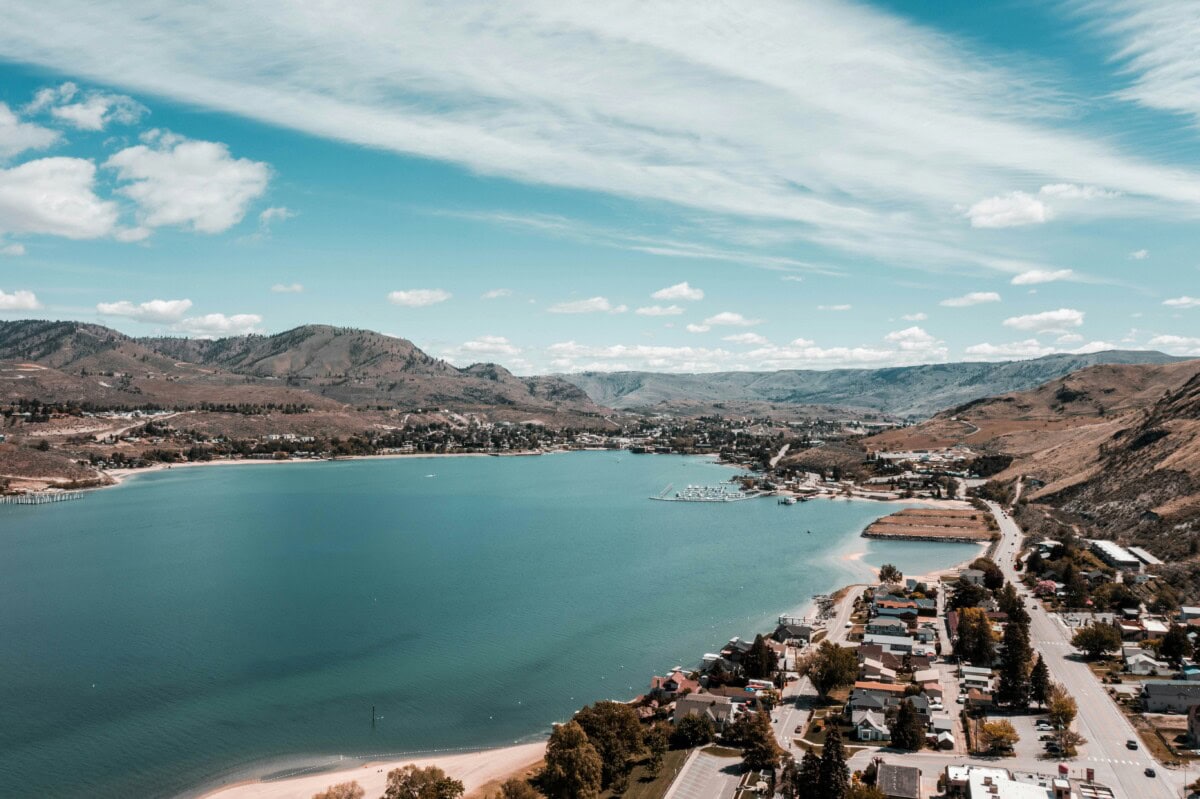 aerial view of lake chelan, wa in summer