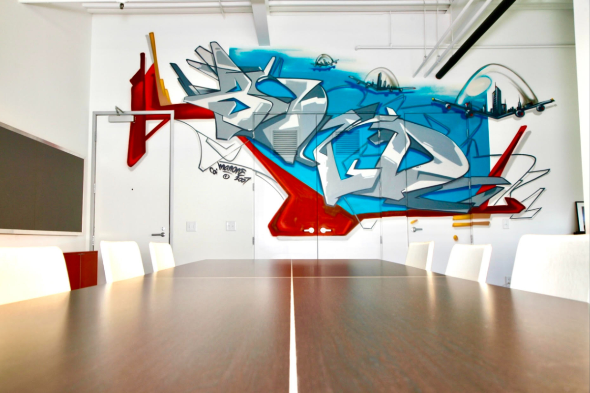 A graffiti mural in an office