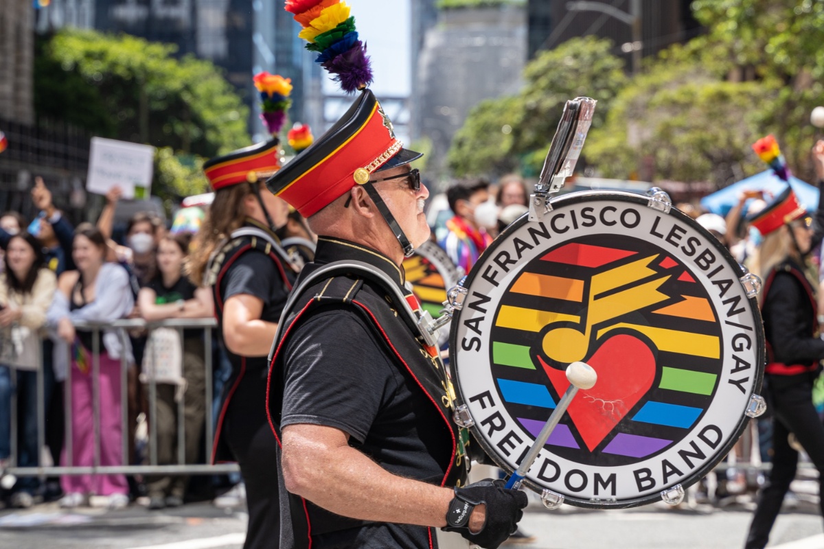 A man playing the drums at SF Pride